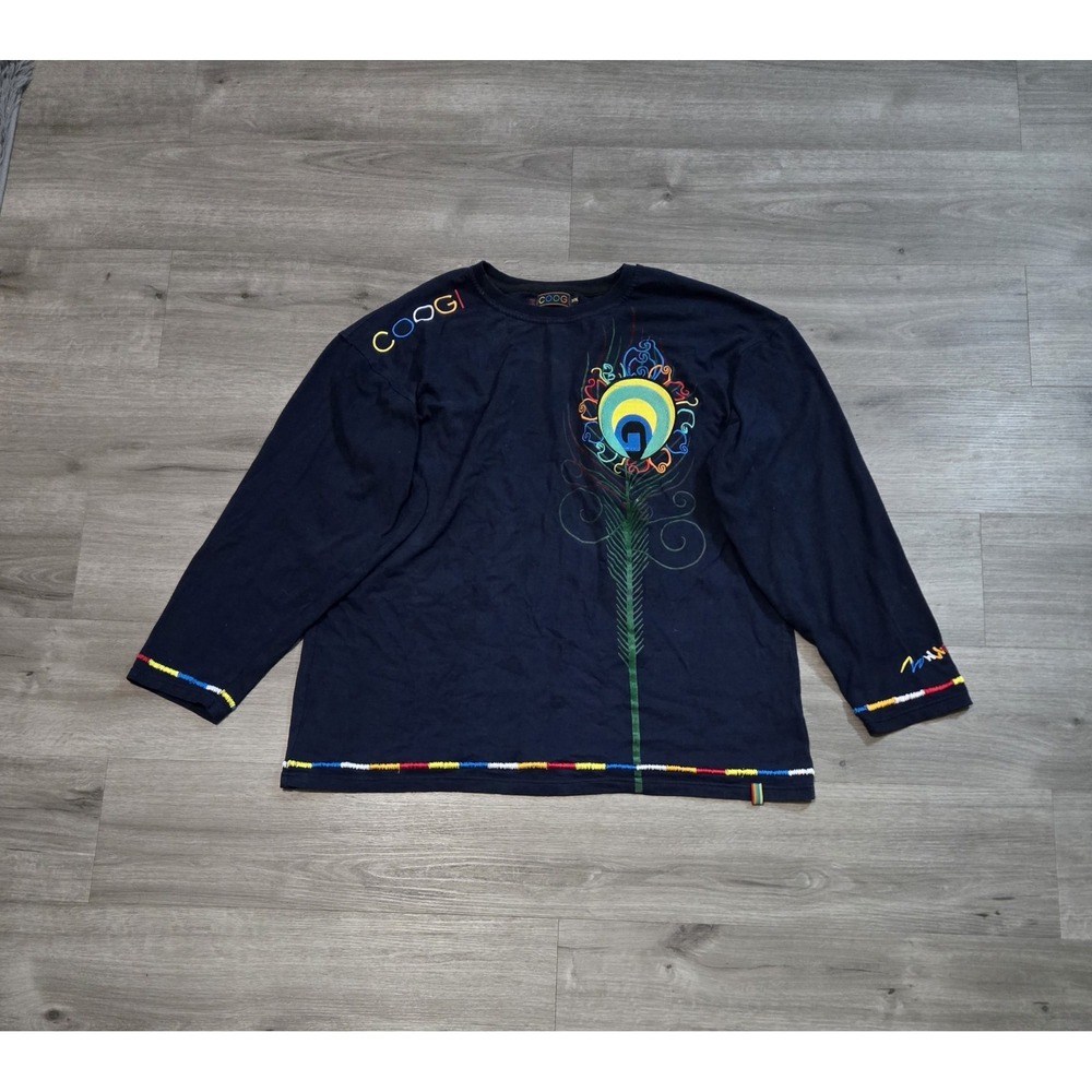 Vtg Coogi Long Sleeve T-Shirt with Embroidered Peacock Feather Design Blue 3XL